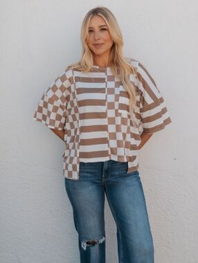 ☕️NWT Jade By Jane "Mellie Top" in Mocha☕️ Checkered Print🏁 & Stripes • Sz XL
